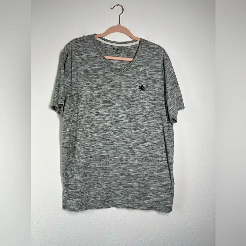 Express T-shirt Gray Heathered Lion Black Logo Short Sleeve Size M V-neck Cotton